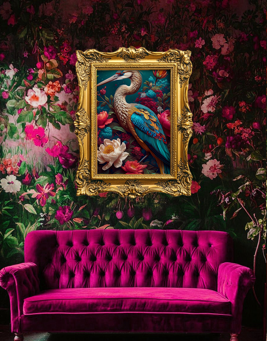 Heron Beautiful Floral Art Print - Digital Download