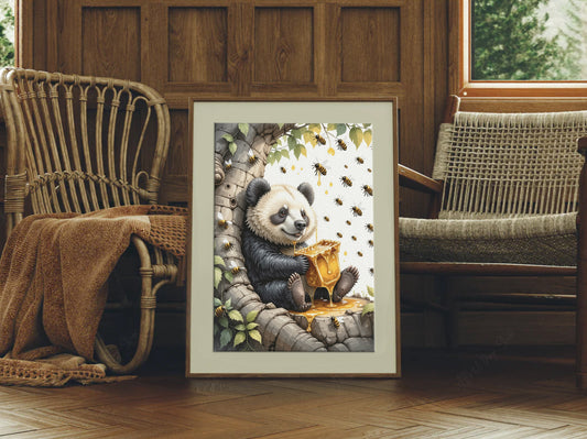 Bear eating a Honey Comb on a Forest Tree Art Print - Digital Download