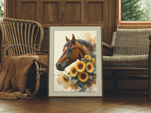 Horse Portrait with Sunflowers Country Style Art Print - Digital Download