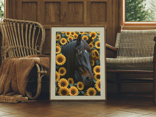 Horse Portrait with Sunflowers Country Style Art Print - Digital Download