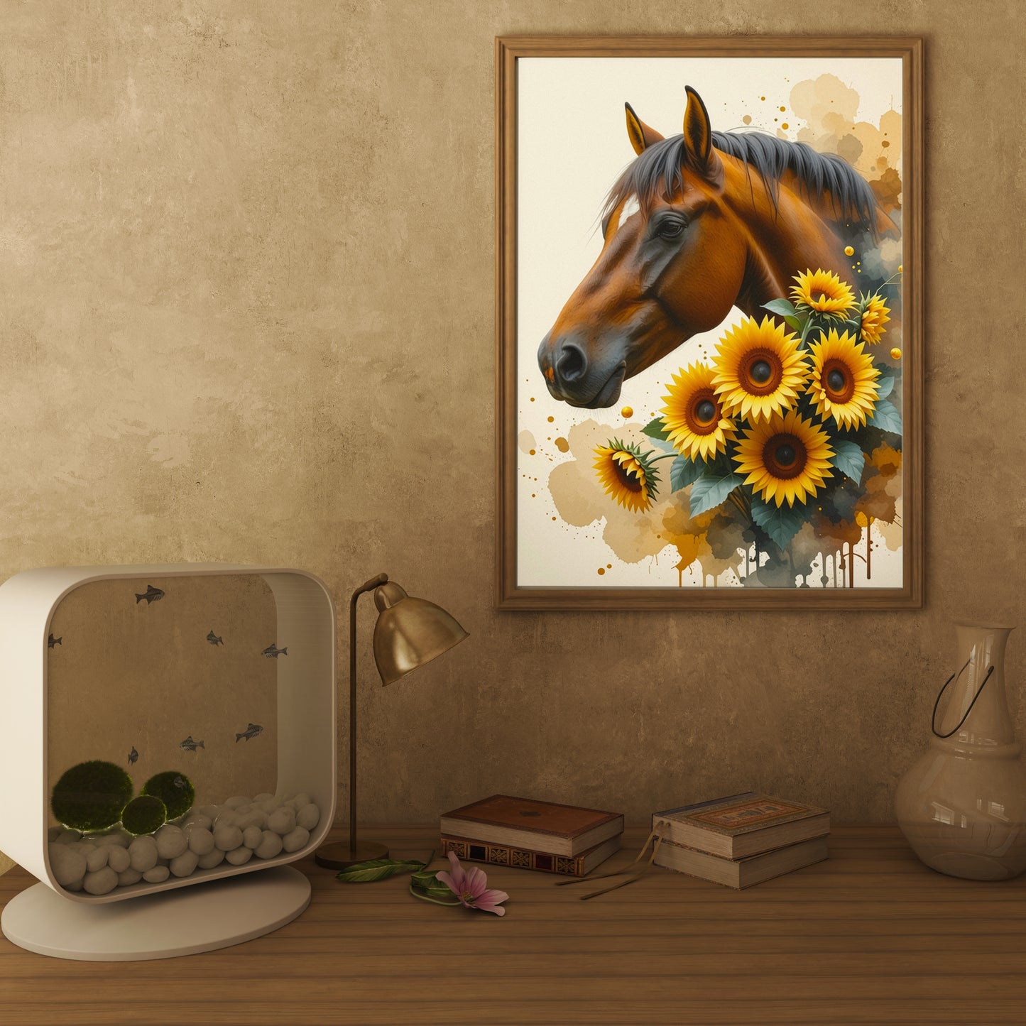 Horse Portrait with Sunflowers Country Style Art Print - Digital Download