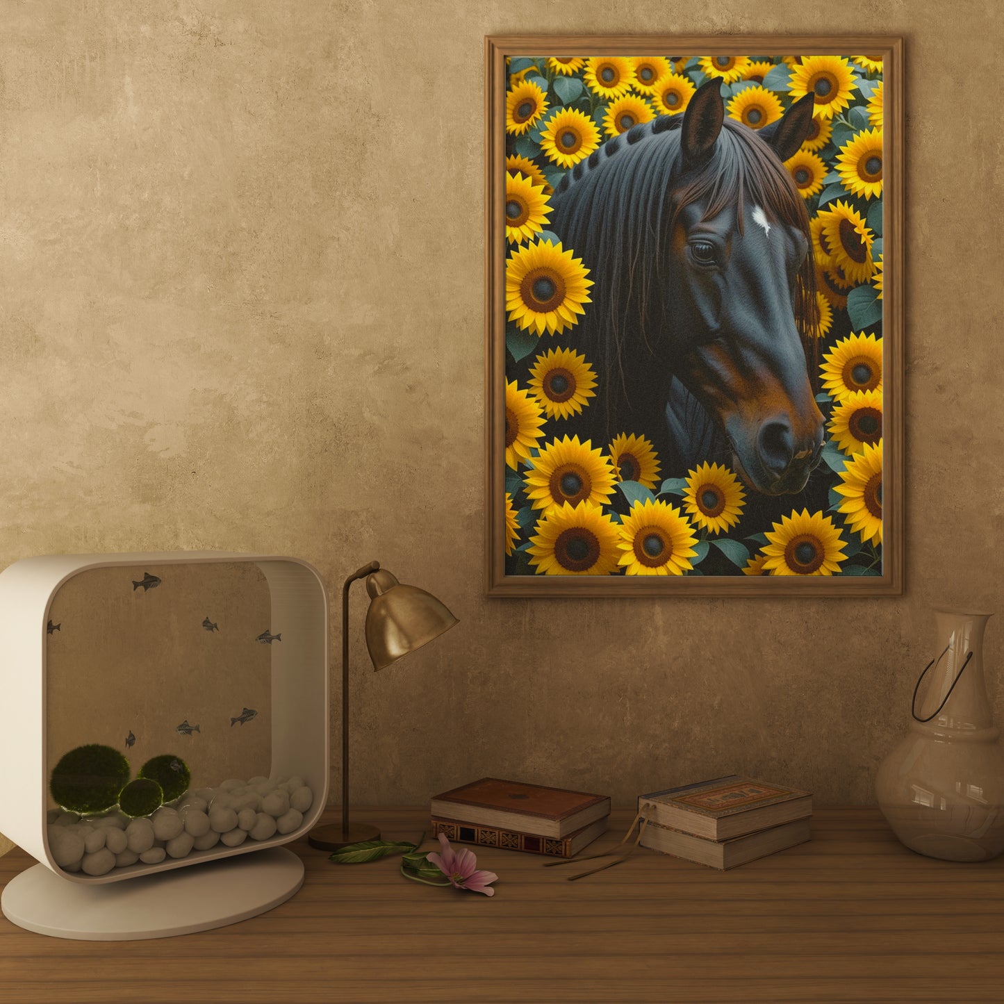 Horse Portrait with Sunflowers Country Style Art Print - Digital Download