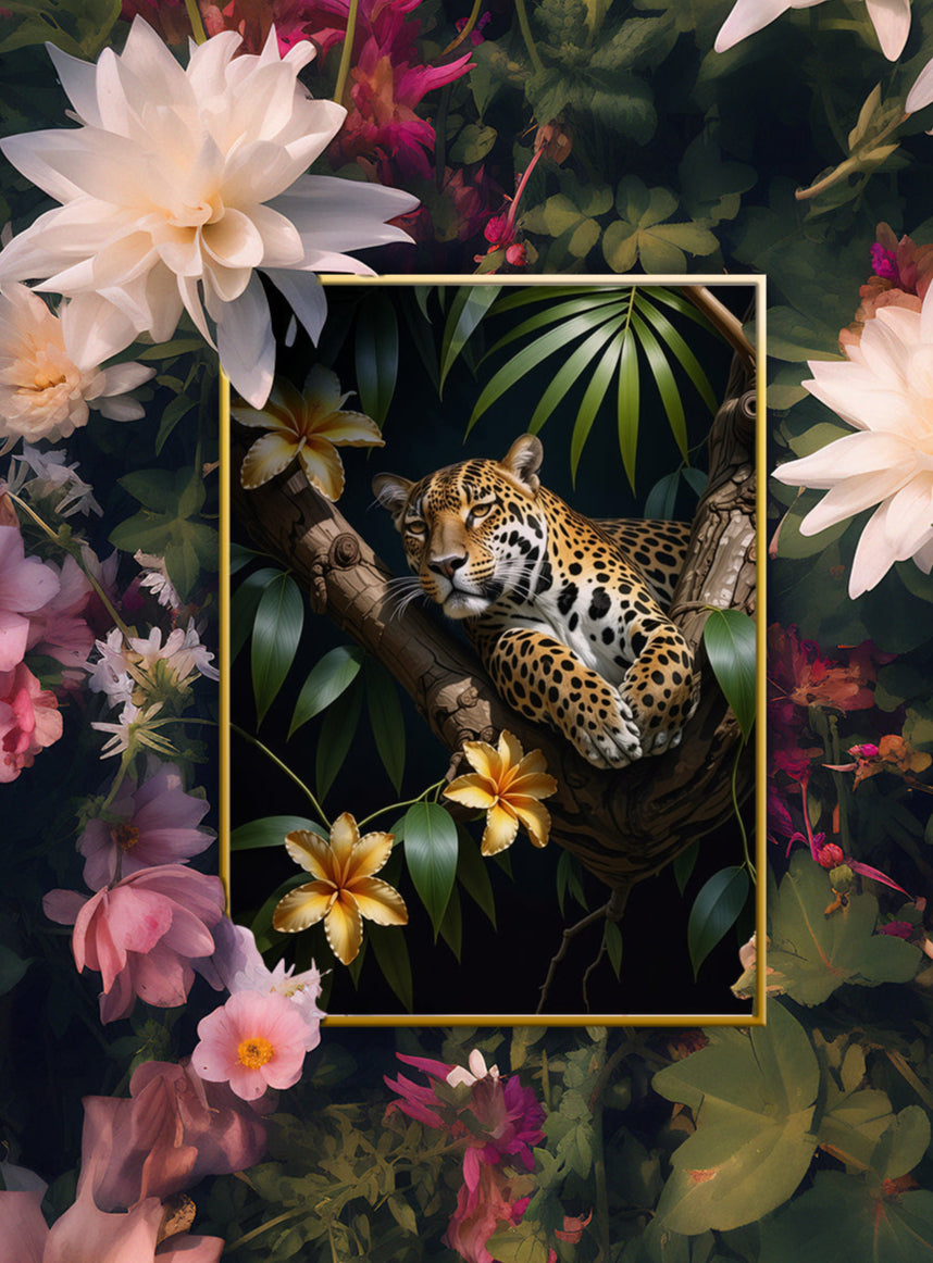 Jaguar Relaxing Jungle Leaves Floral Art Print - Digital Download