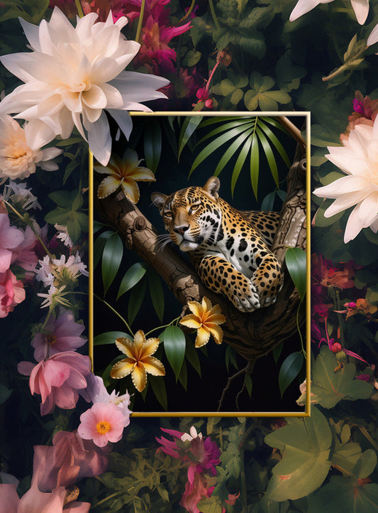 Jaguar Relaxing Jungle Leaves Floral Art Print - Digital Download
