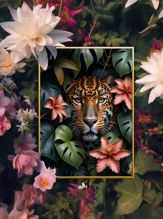 Jaguar Sneeking through Jungle Leaves Floral Art Print - Digital Download