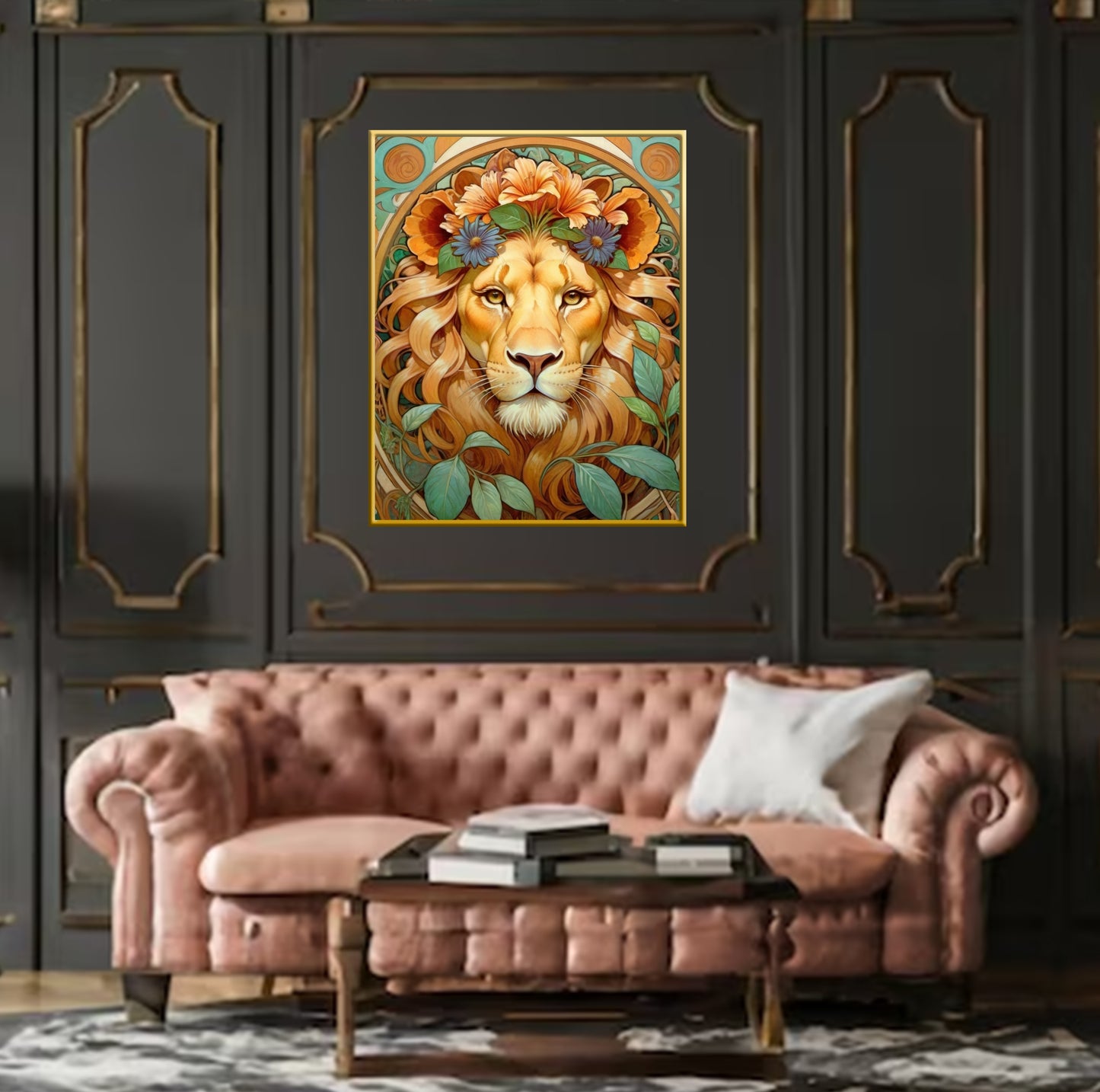 Beautiful Portrait of a Lion with Flowers in Art Nouveau Style - Digital Download