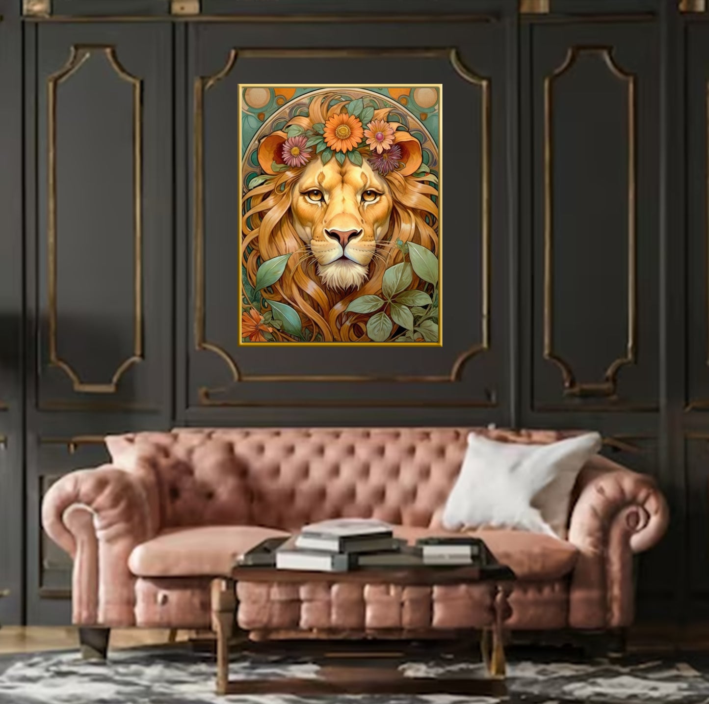 Beautiful Portrait of a Lion with Flowers in Art Nouveau Style - Digital Download