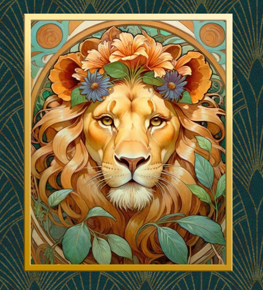 Beautiful Portrait of a Lion with Flowers in Art Nouveau Style - Digital Download
