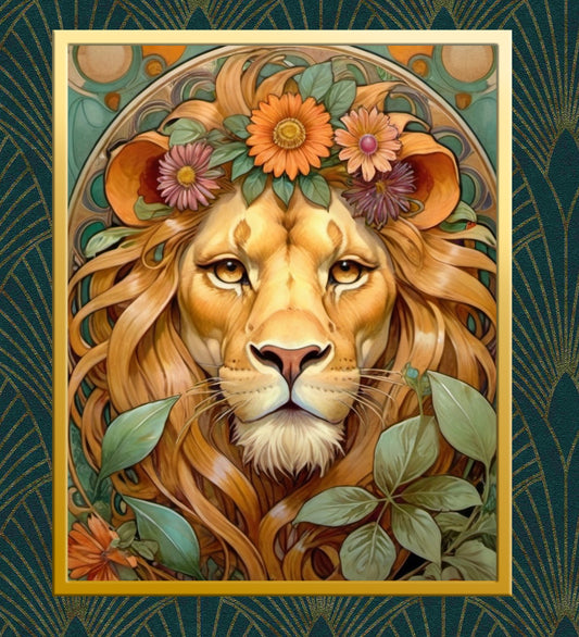 Beautiful Portrait of a Lion with Flowers in Art Nouveau Style - Digital Download