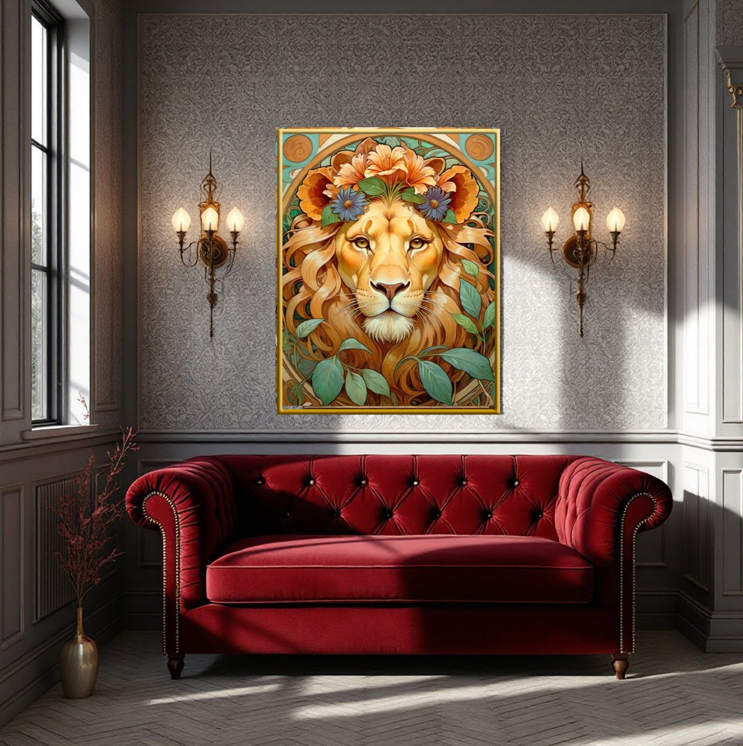 Beautiful Portrait of a Lion with Flowers in Art Nouveau Style - Digital Download