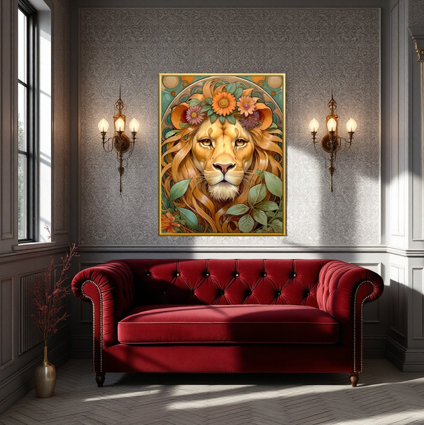 Beautiful Portrait of a Lion with Flowers in Art Nouveau Style - Digital Download