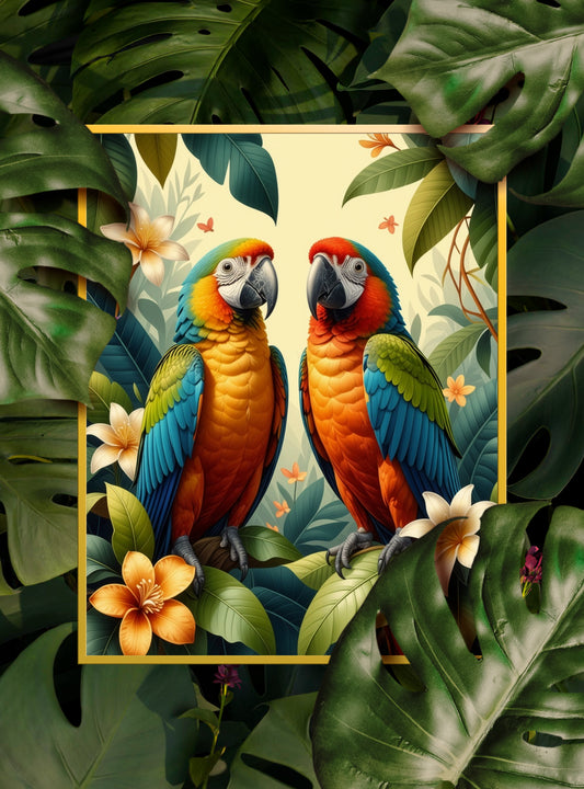 Parrot surrounded by Jungle Leaves Tropical Art Print - Digital Download