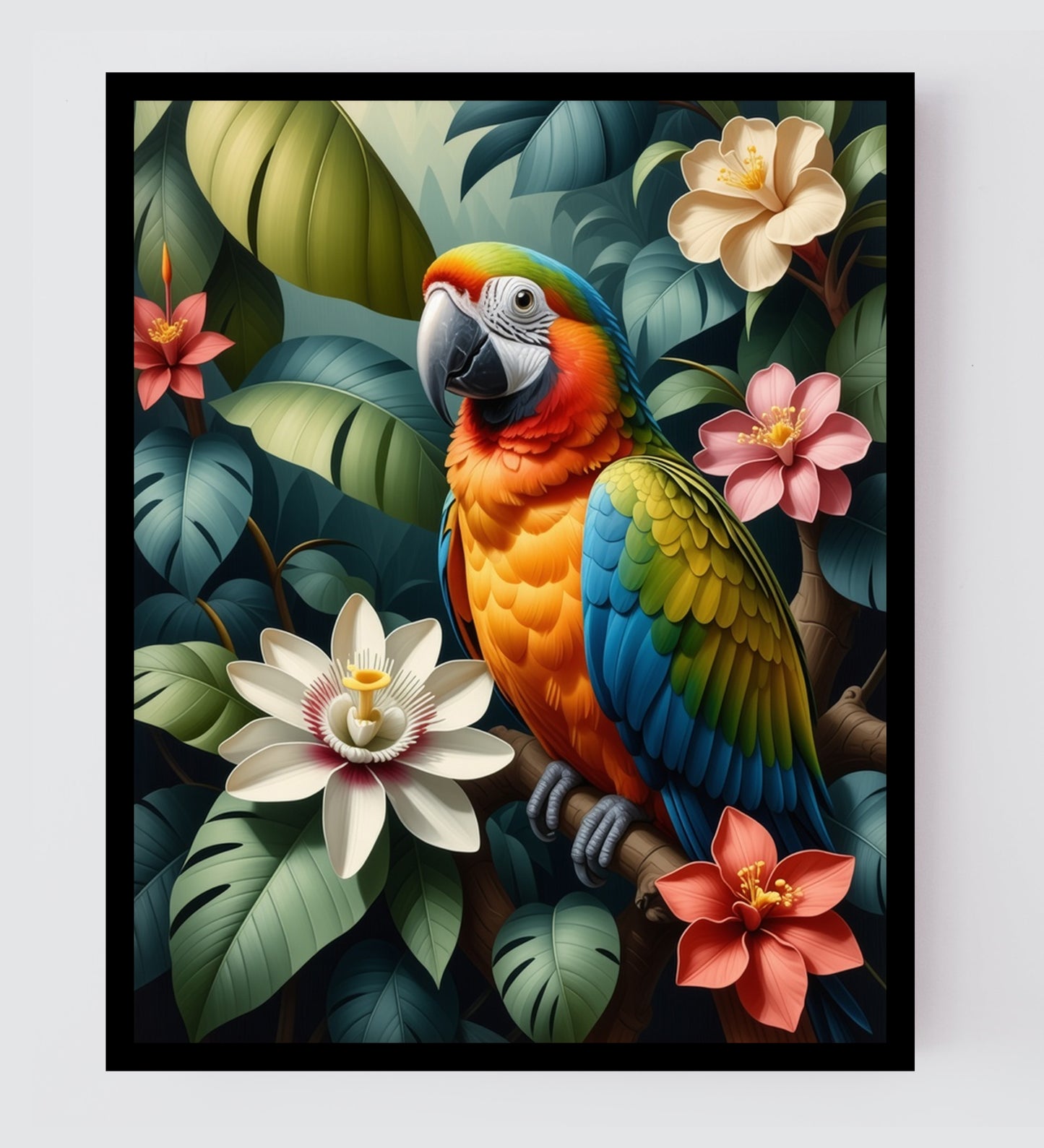 Parrot surrounded by Jungle Leaves Tropical Art Print - Digital Download