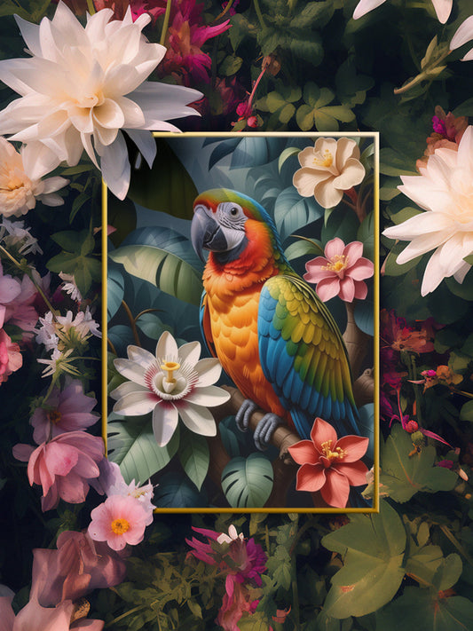 Parrot surrounded by Jungle Leaves Tropical Art Print - Digital Download