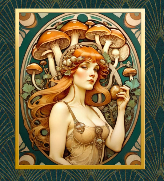 Beautiful Portrait of a Woman in Art Nouveau Style - Mushroom Theme - Digital Download