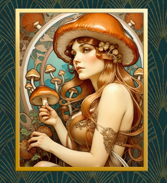 Beautiful Portrait of a Woman in Art Nouveau Style - Mushroom Theme - Digital Download