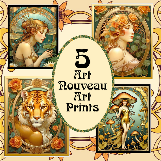 Package of 5 Art Nouveau Golden Age Art Prints - Digital Download