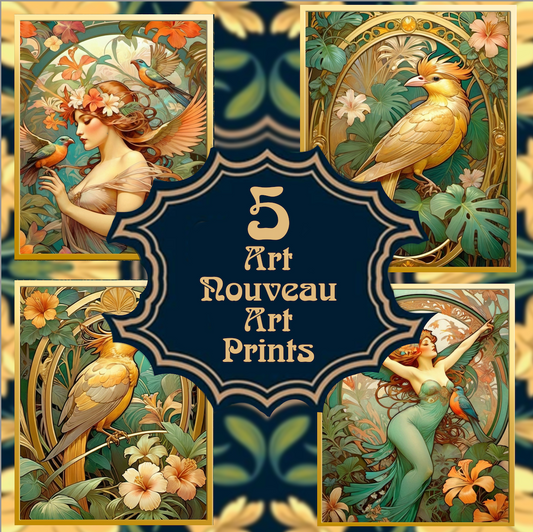 Package of 5 Art Nouveau Golden Age Art Prints - Tropical Birds - Digital Download