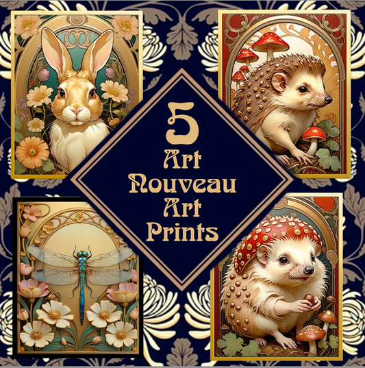 Package of 5 Art Nouveau Golden Age Art Prints - Cottage Animals - Digital Download