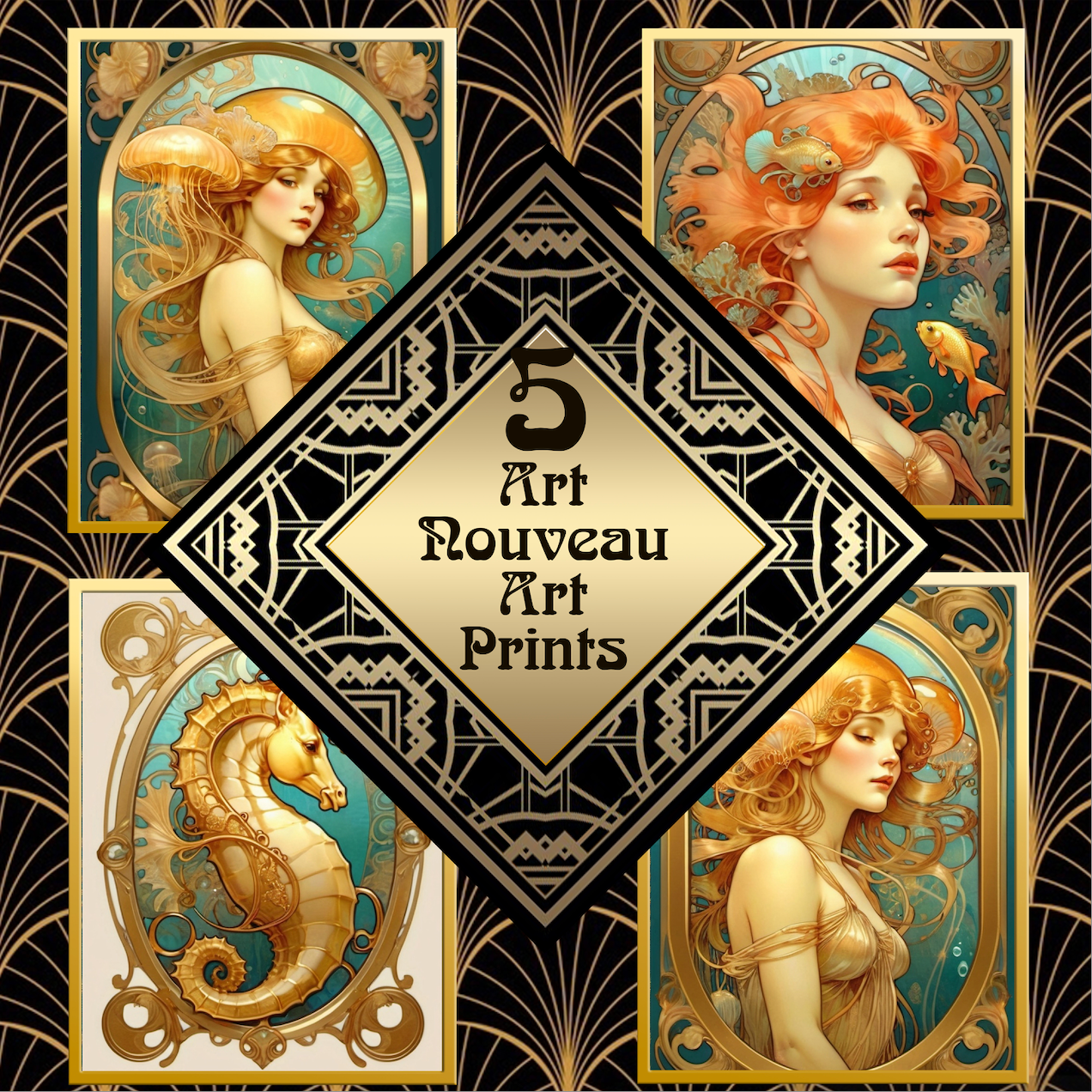 Package of 5 Art Nouveau Golden Age Art Prints - Ocean Theme - Digital Download