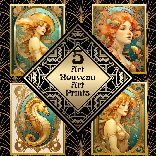 Package of 5 Art Nouveau Golden Age Art Prints - Ocean Theme - Digital Download