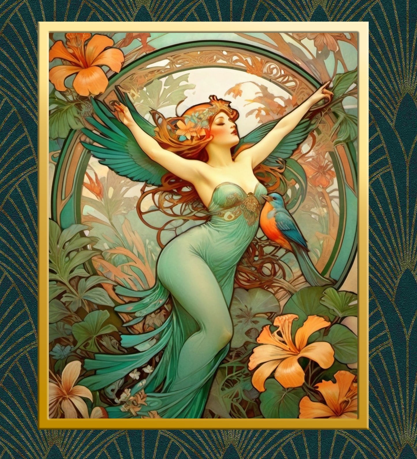 Beautiful Tropical Portrait of a Woman in Art Nouveau Style - Tropical Birds - Digital Download