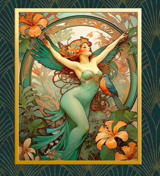 Beautiful Tropical Portrait of a Woman in Art Nouveau Style - Tropical Birds - Digital Download