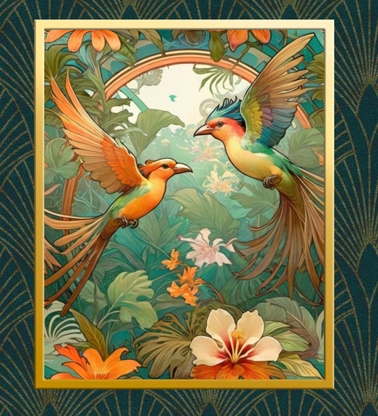 Beautiful Tropical Art Nouveau Style Art Print - Tropical Birds - Digital Download
