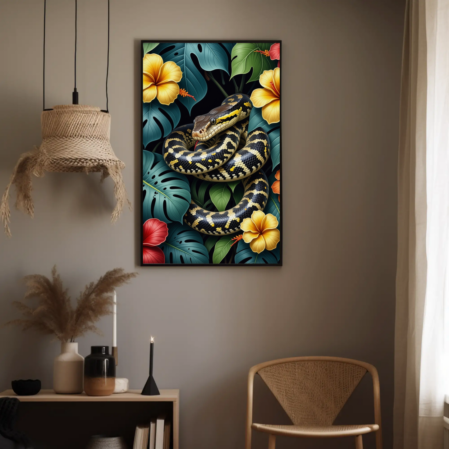 Boa Constrictor surrounded by Jungle Leaves Tropical Art Print - Digital Download