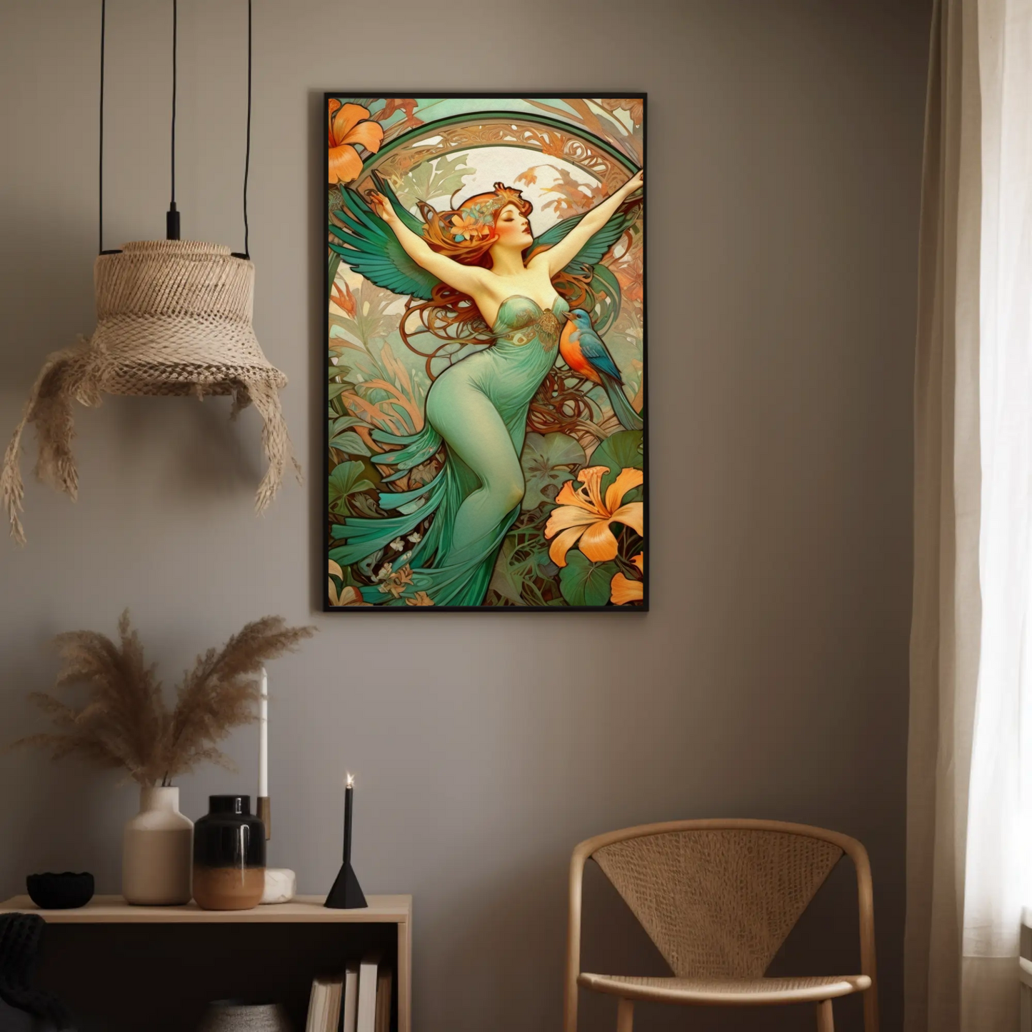 Beautiful Tropical Portrait of a Woman in Art Nouveau Style - Tropical Birds - Digital Download