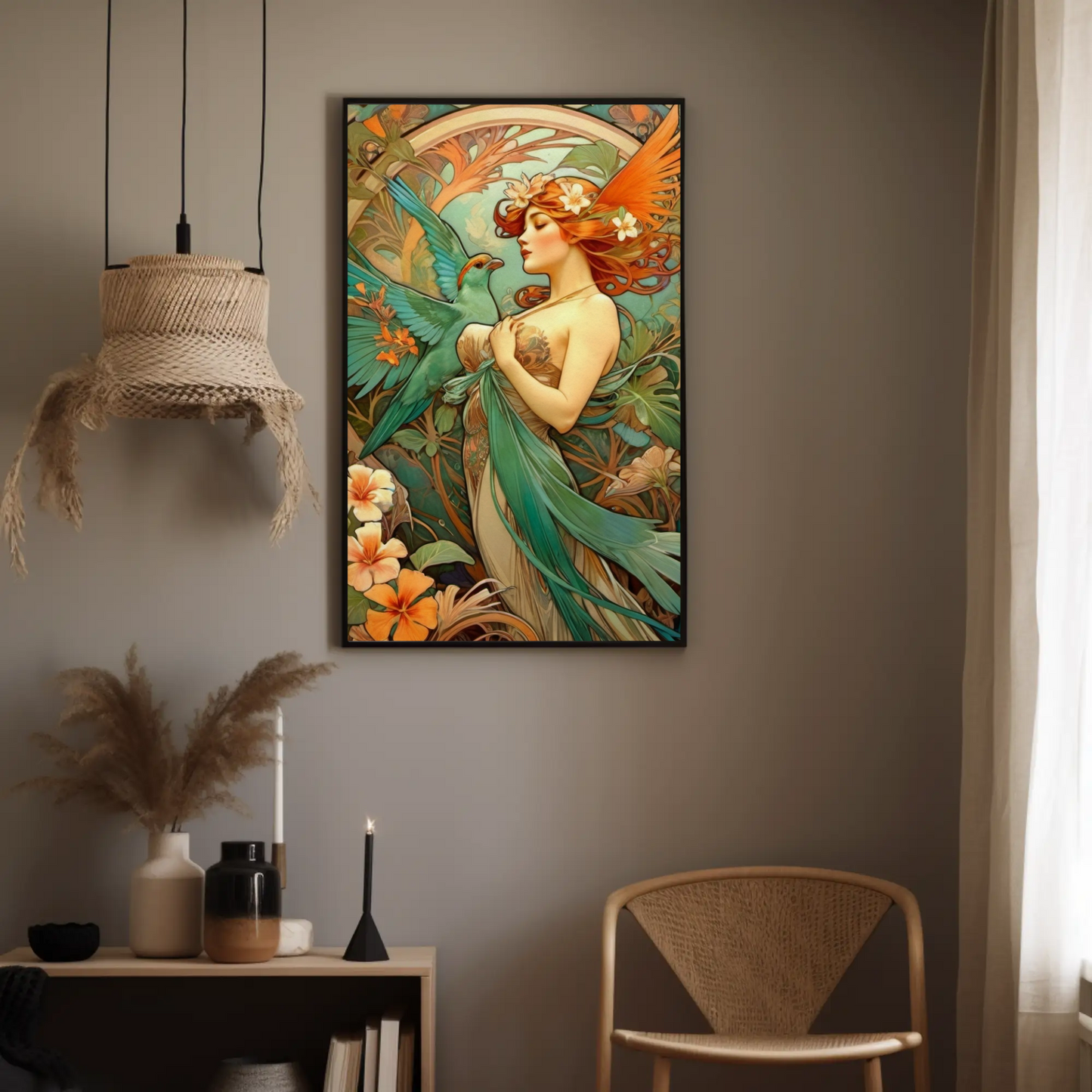Beautiful Portrait of a Woman in Art Nouveau Style - Tropical Birds - Digital Download