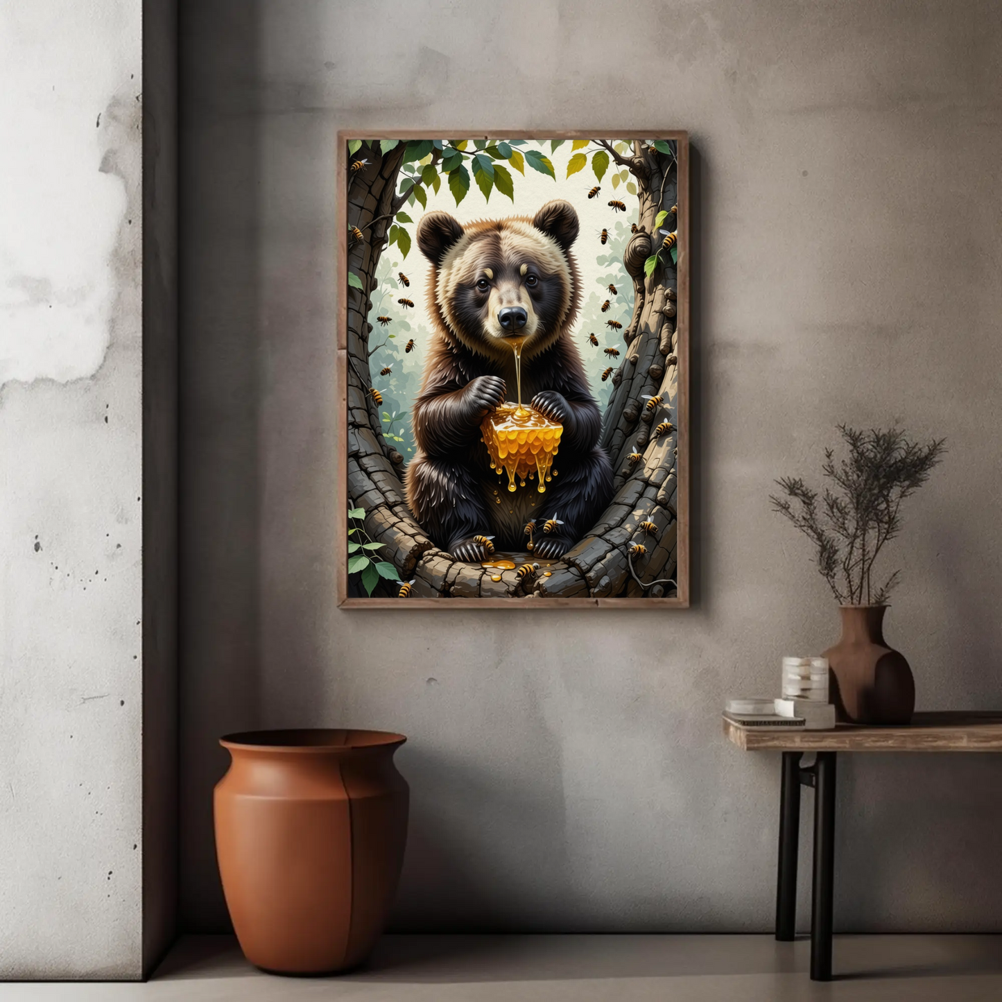 Bear eating a Honey Comb on a Forest Tree Art Print - Digital Download