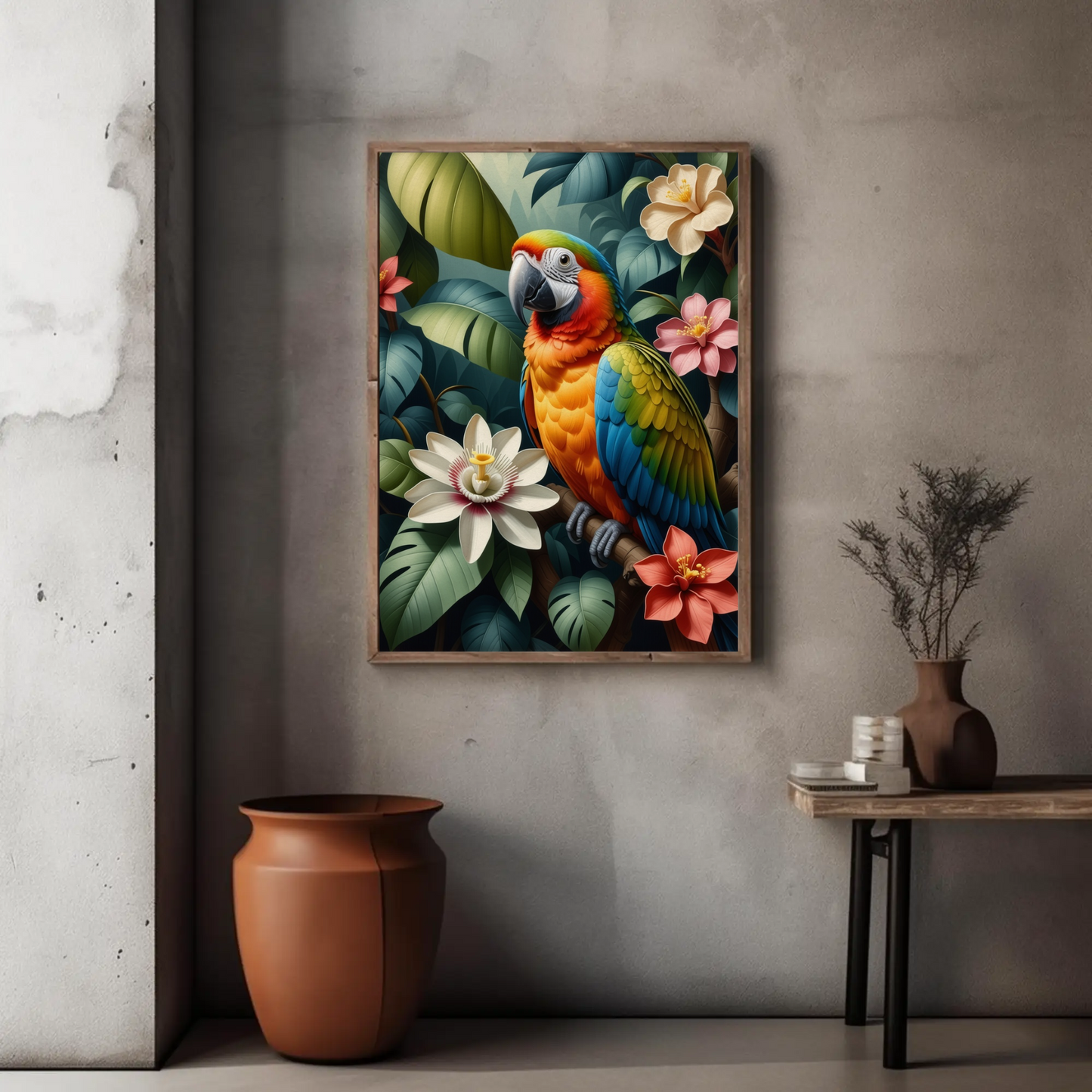 Parrot surrounded by Jungle Leaves Tropical Art Print - Digital Download