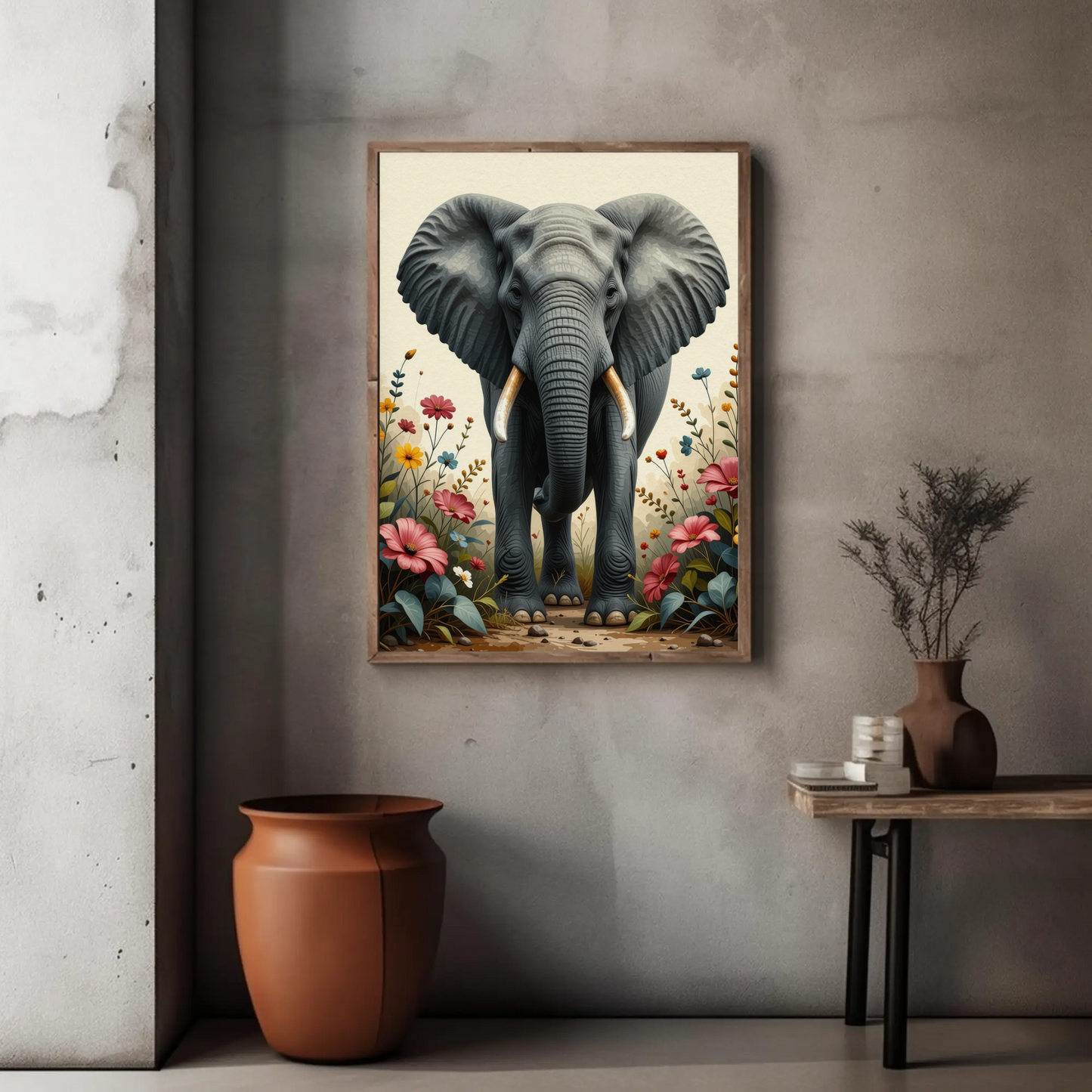 Elephant Portrait with Flowers Art Print - Digital Download