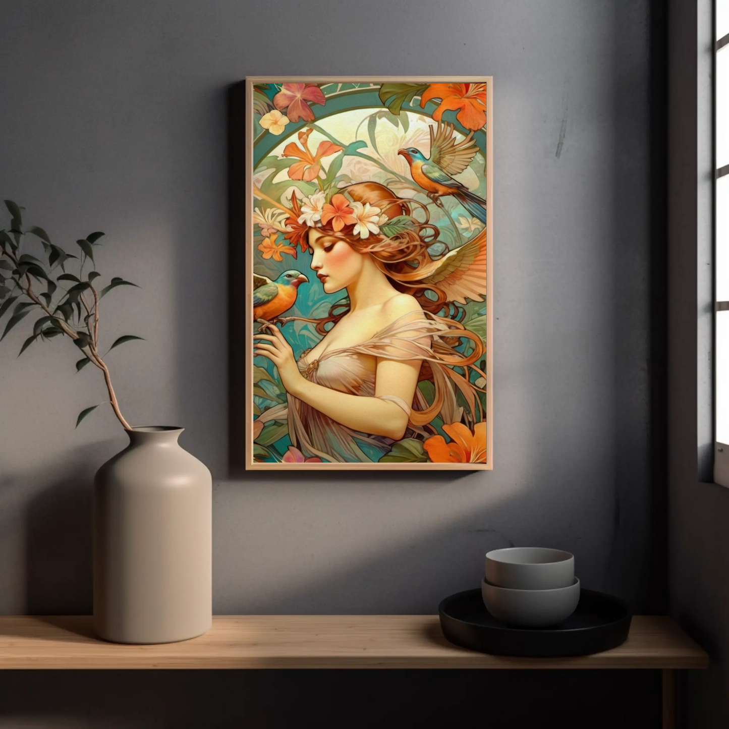 Beautiful Portrait of a Woman in Art Nouveau Style - Tropical Birds - Digital Download