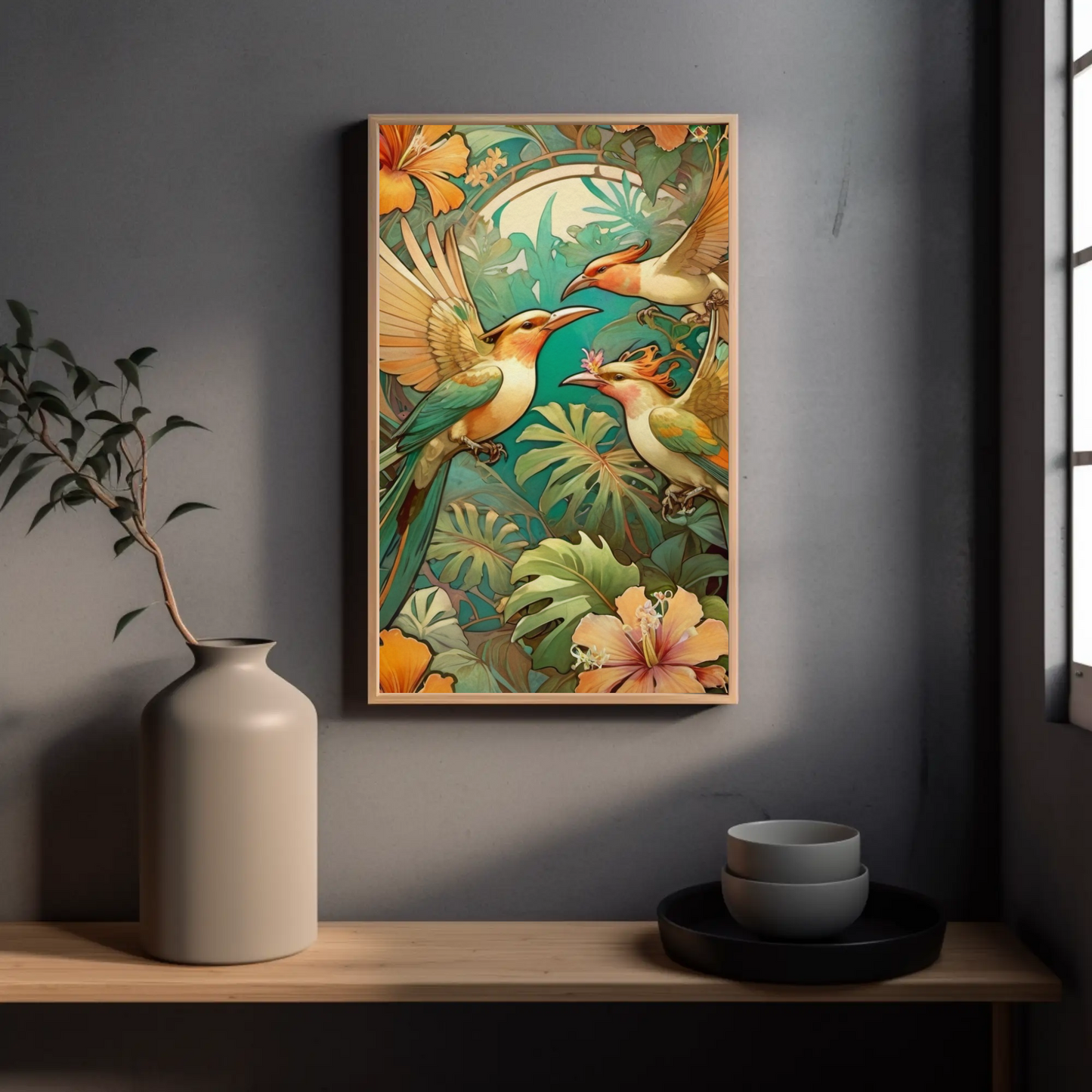 Beautiful Tropical Art Nouveau Style Art Print - Tropical Birds - Digital Download