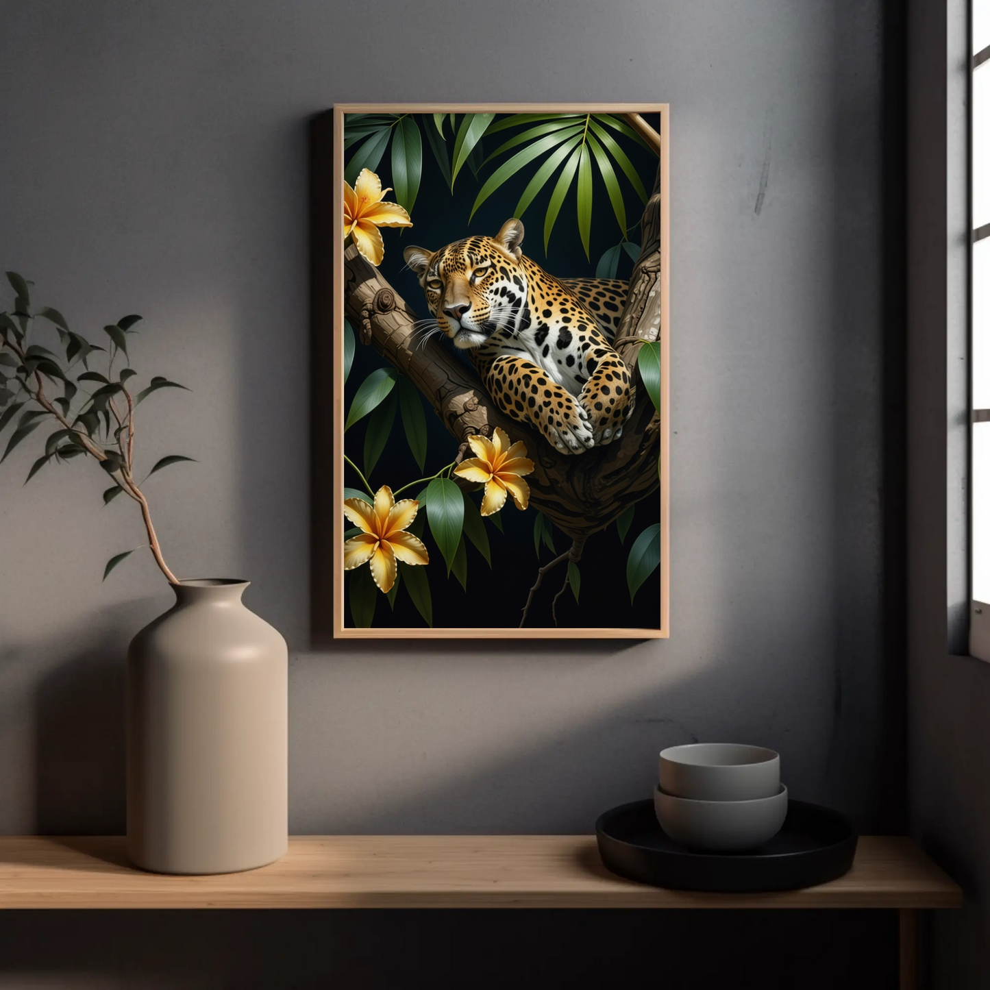 Jaguar Relaxing Jungle Leaves Floral Art Print - Digital Download
