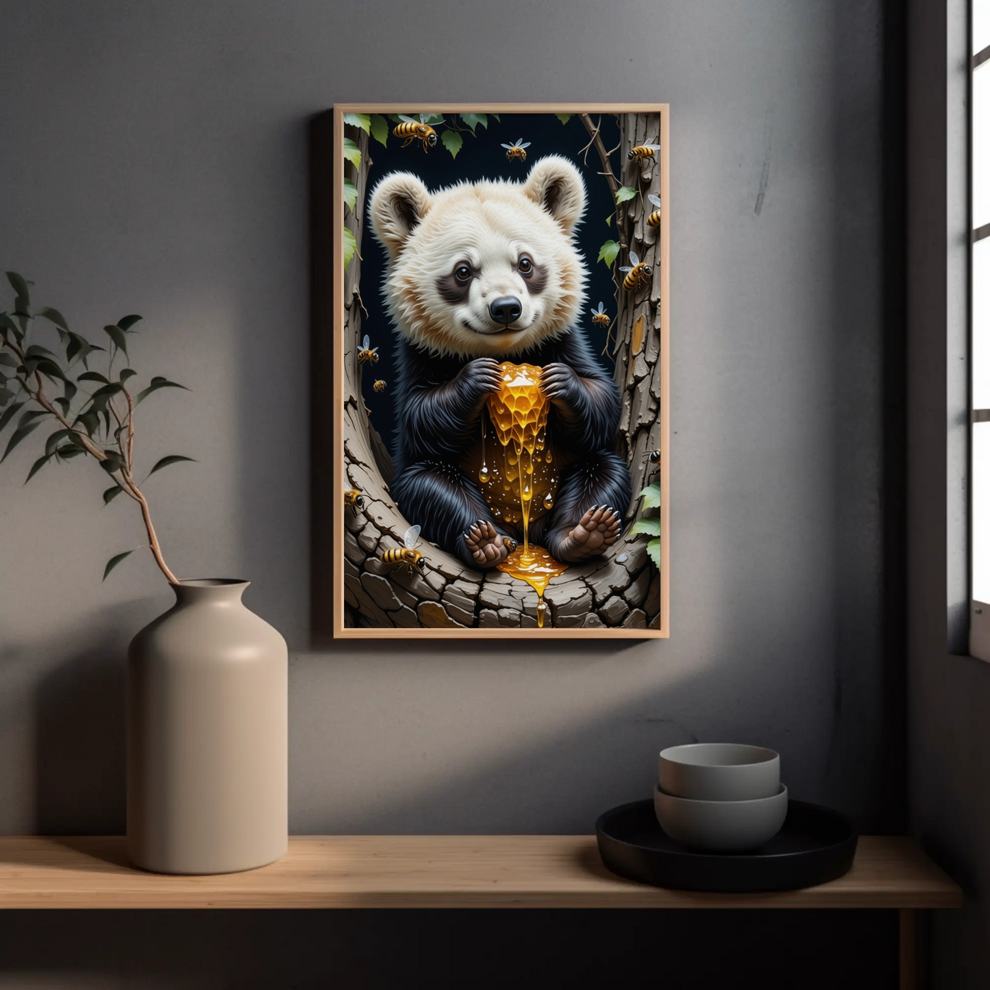 Cute Bear eating Honey Comb on a Forest Tree Art Print - Digital Download