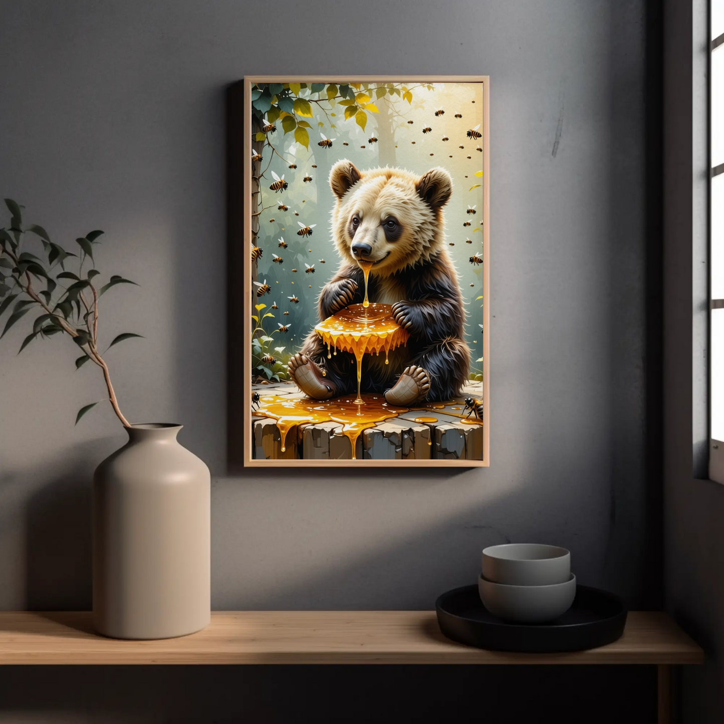 Bear eating a Honey Comb on a Forest Tree Art Print - Digital Download