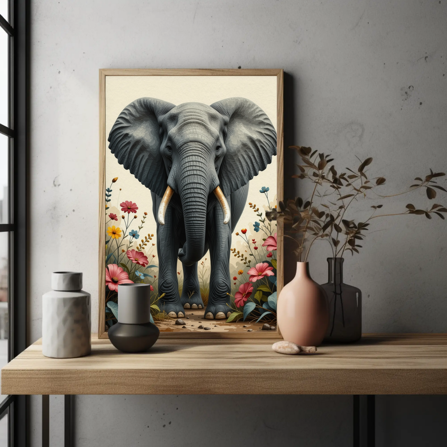 Elephant Portrait with Flowers Art Print - Digital Download