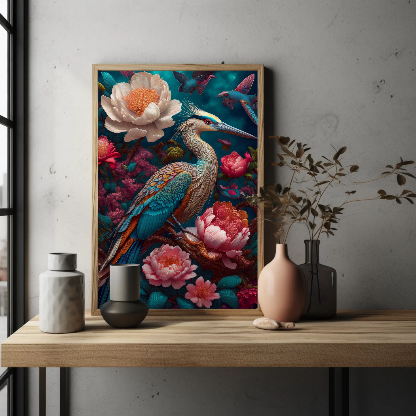 Heron Beautiful Floral Art Print - Digital Download