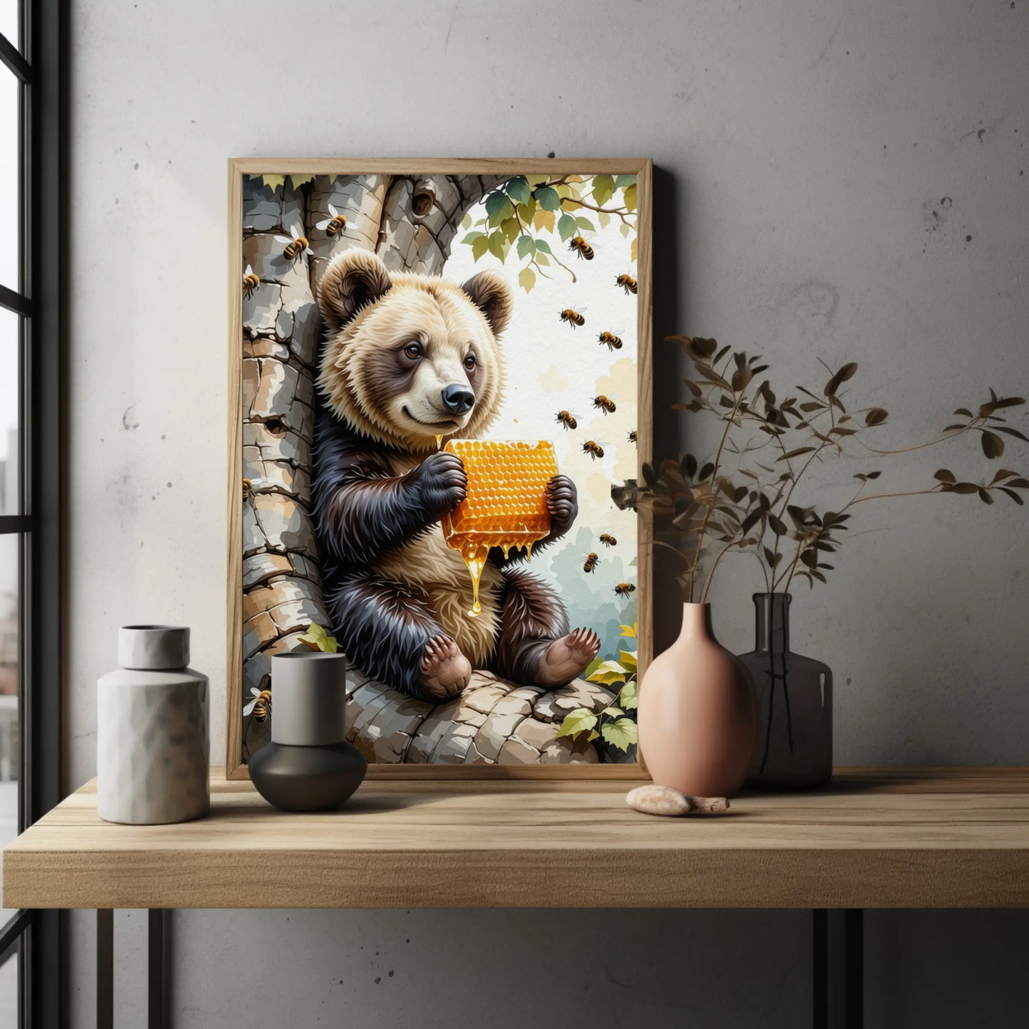 Cute Bear eating a Honey Comb on a Tree Art Print - Digital Download