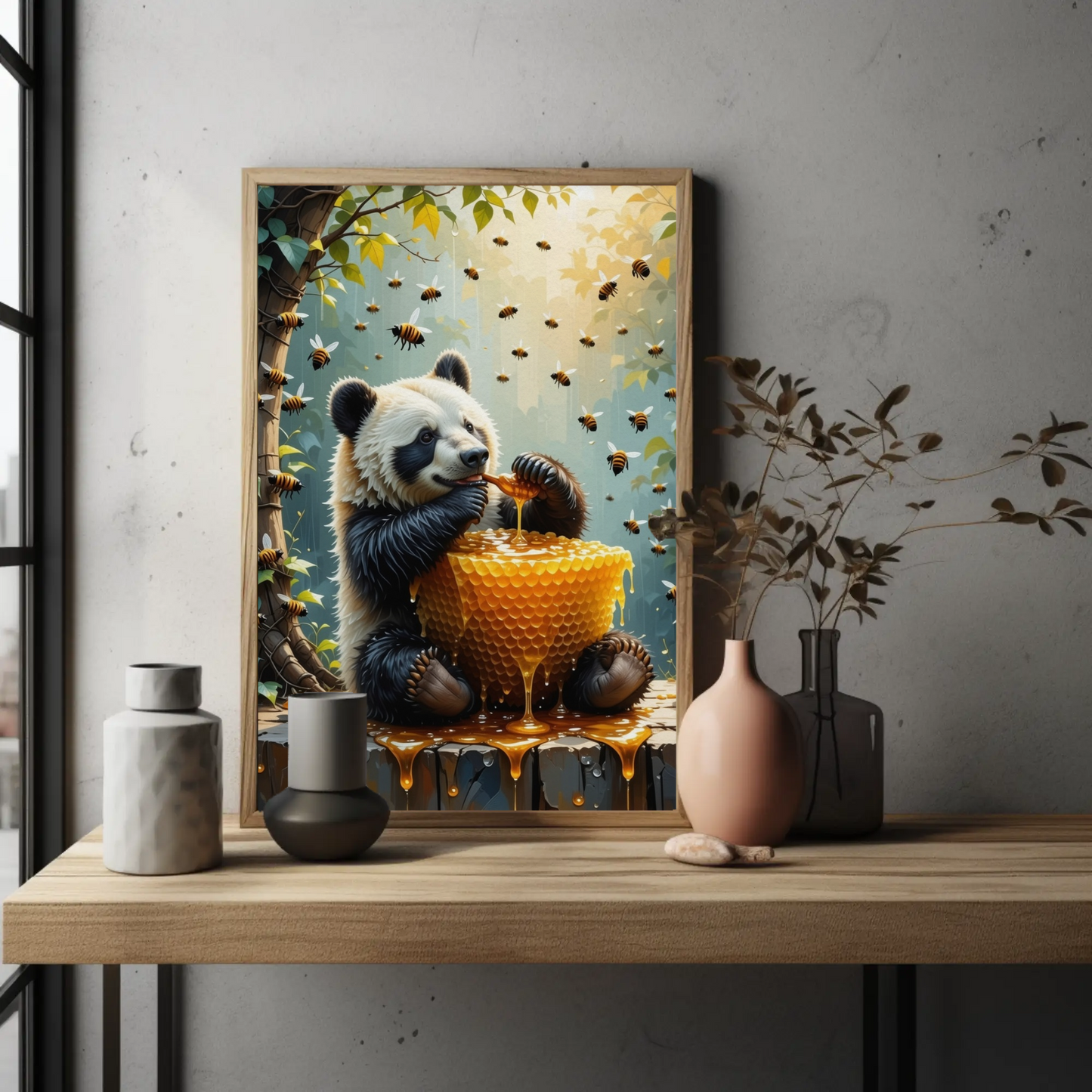 Bear eating a Honey Comb on a Forest Tree Art Print - Digital Download