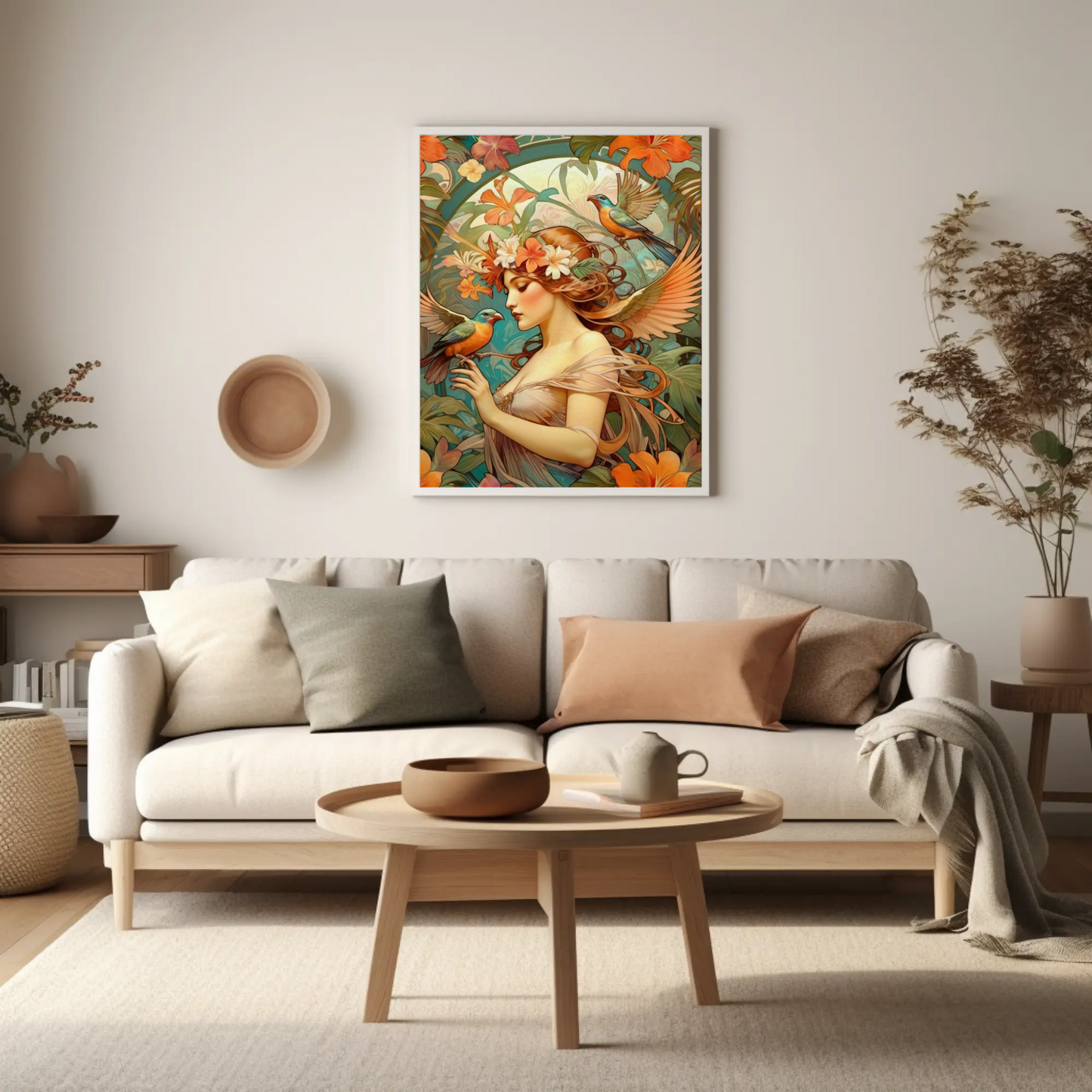Beautiful Portrait of a Woman in Art Nouveau Style - Tropical Birds - Digital Download