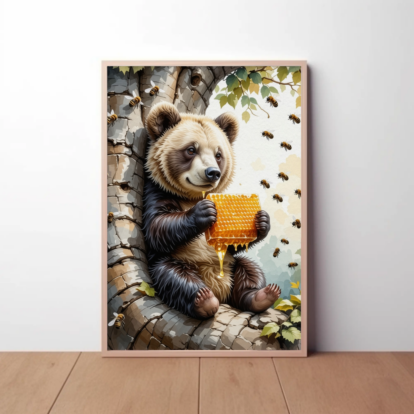 Cute Bear eating a Honey Comb on a Tree Art Print - Digital Download