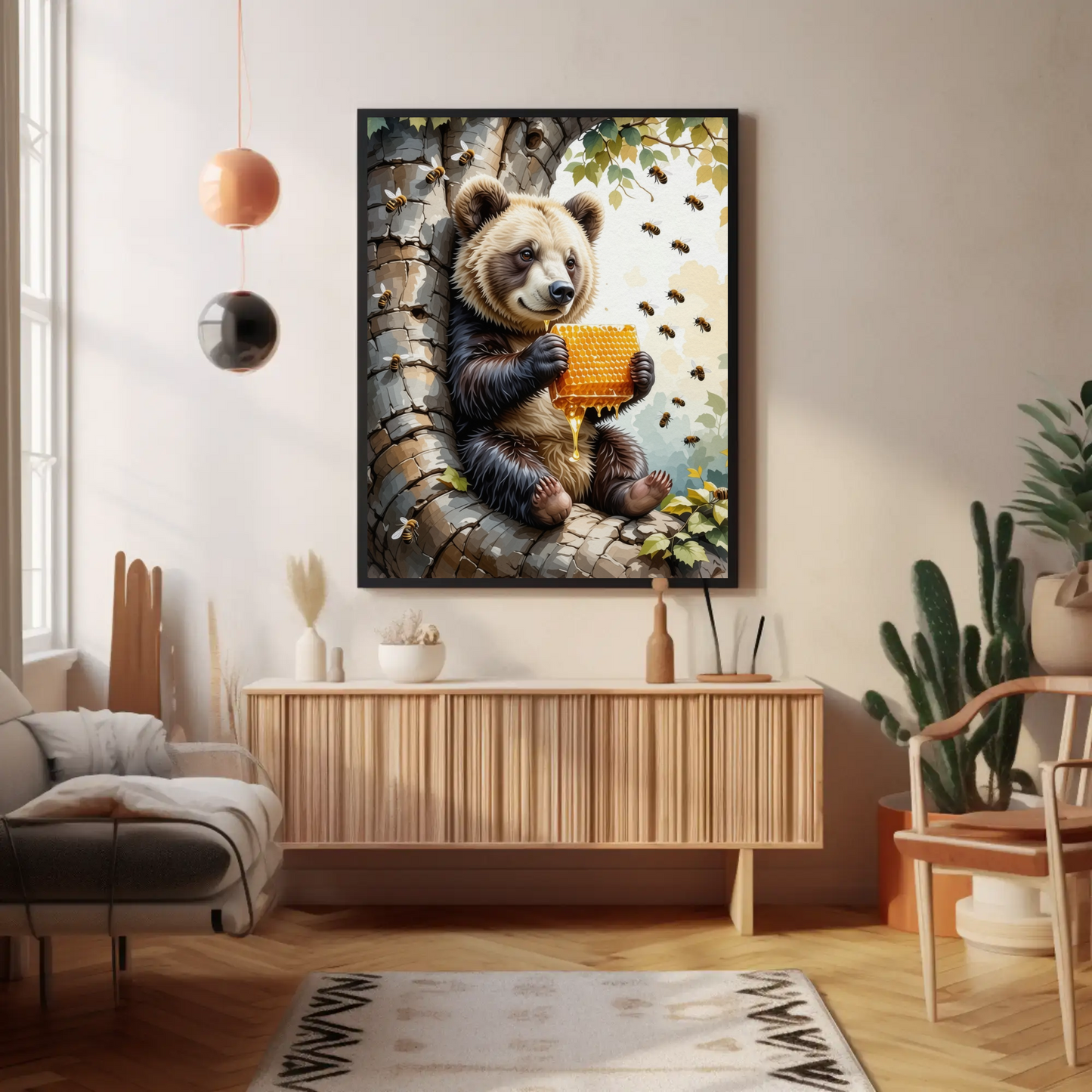 Cute Bear eating a Honey Comb on a Tree Art Print - Digital Download