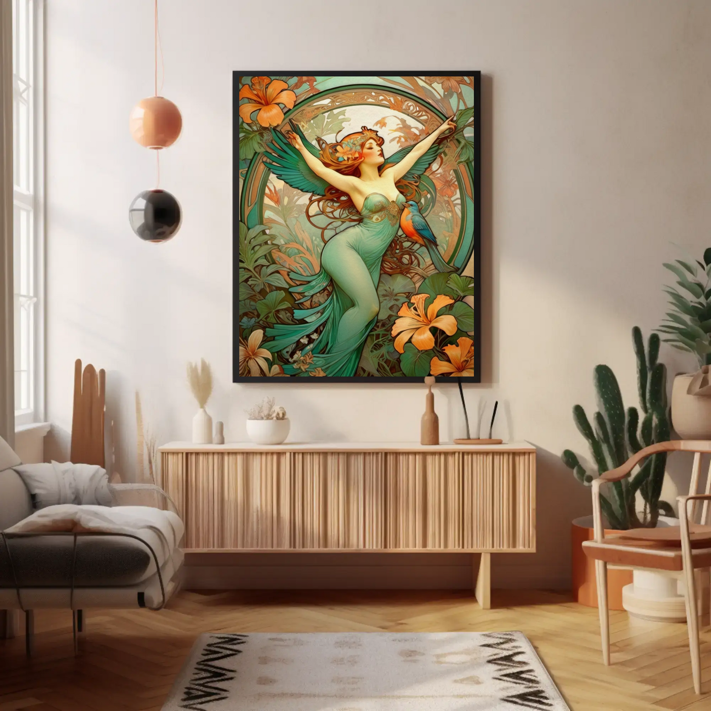 Beautiful Tropical Portrait of a Woman in Art Nouveau Style - Tropical Birds - Digital Download