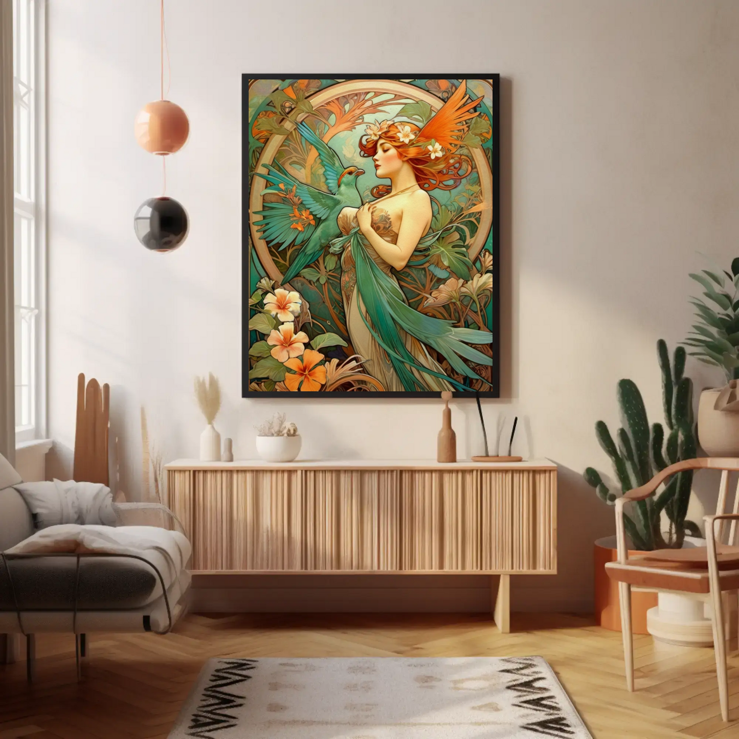 Beautiful Portrait of a Woman in Art Nouveau Style - Tropical Birds - Digital Download