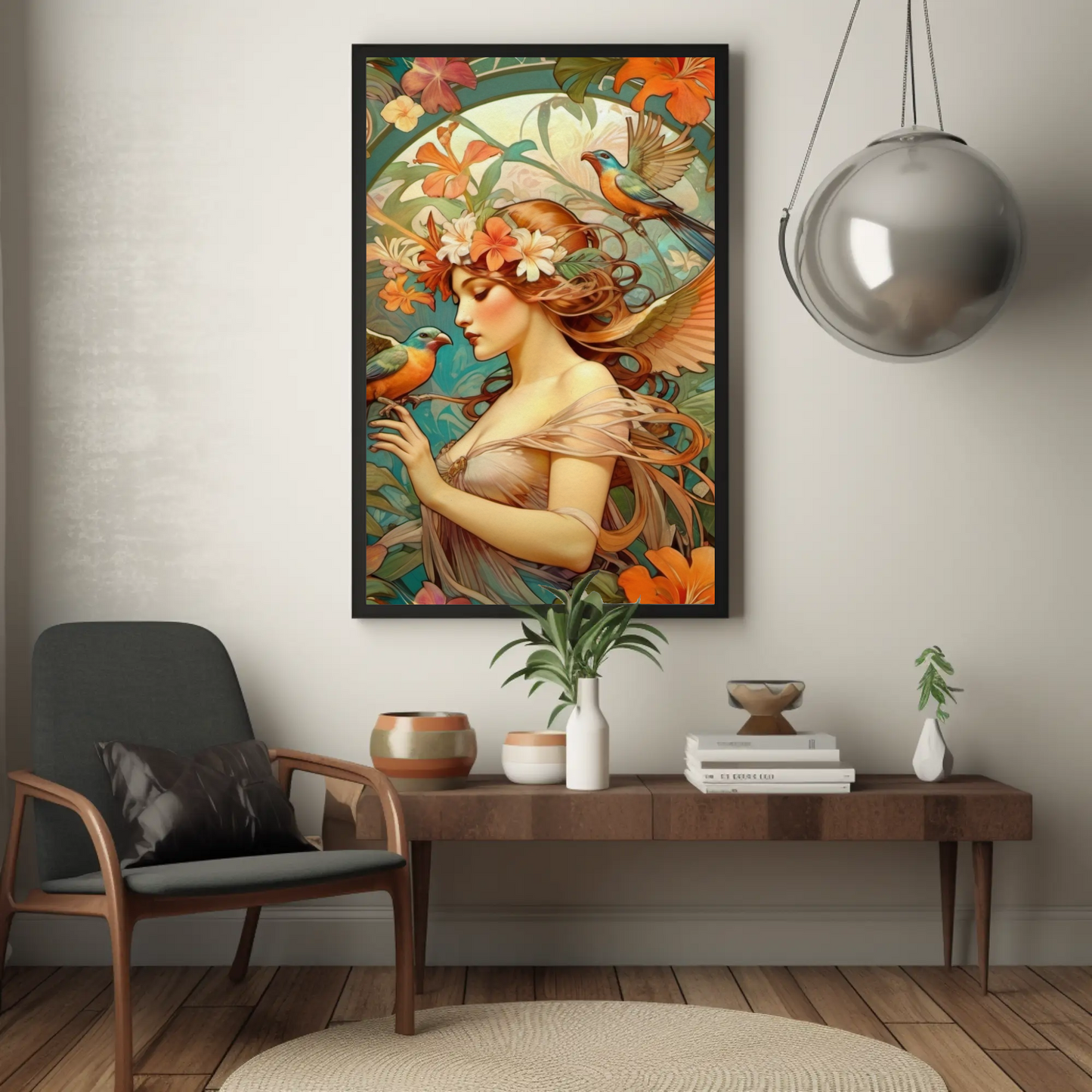 Beautiful Portrait of a Woman in Art Nouveau Style - Tropical Birds - Digital Download