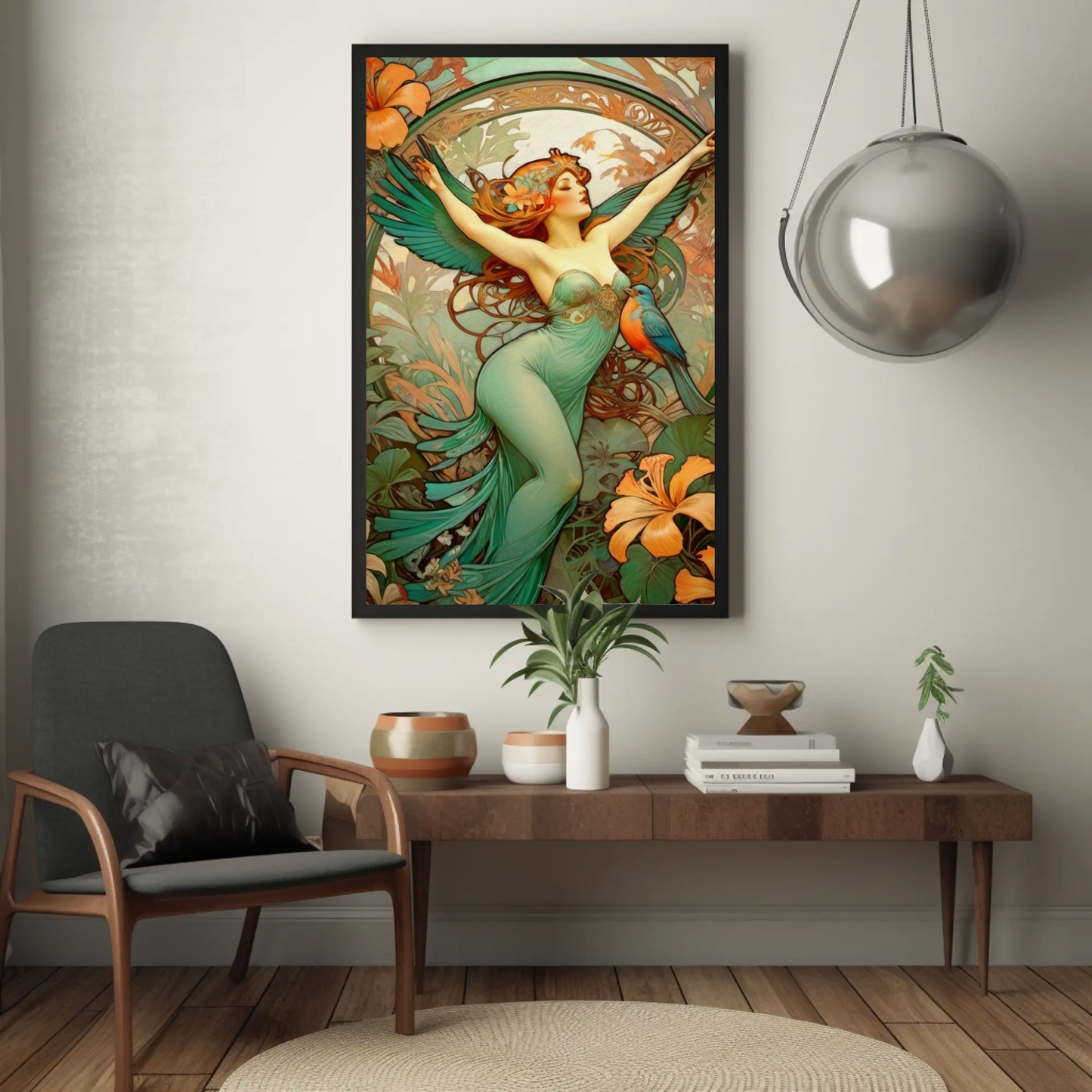 Beautiful Tropical Portrait of a Woman in Art Nouveau Style - Tropical Birds - Digital Download